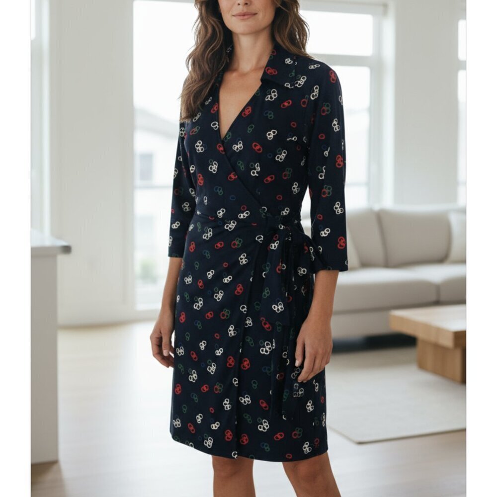 Vintage ESPRIT Classic Wrap Dress in Navy Ring Blue/Red Print Jersey Size M